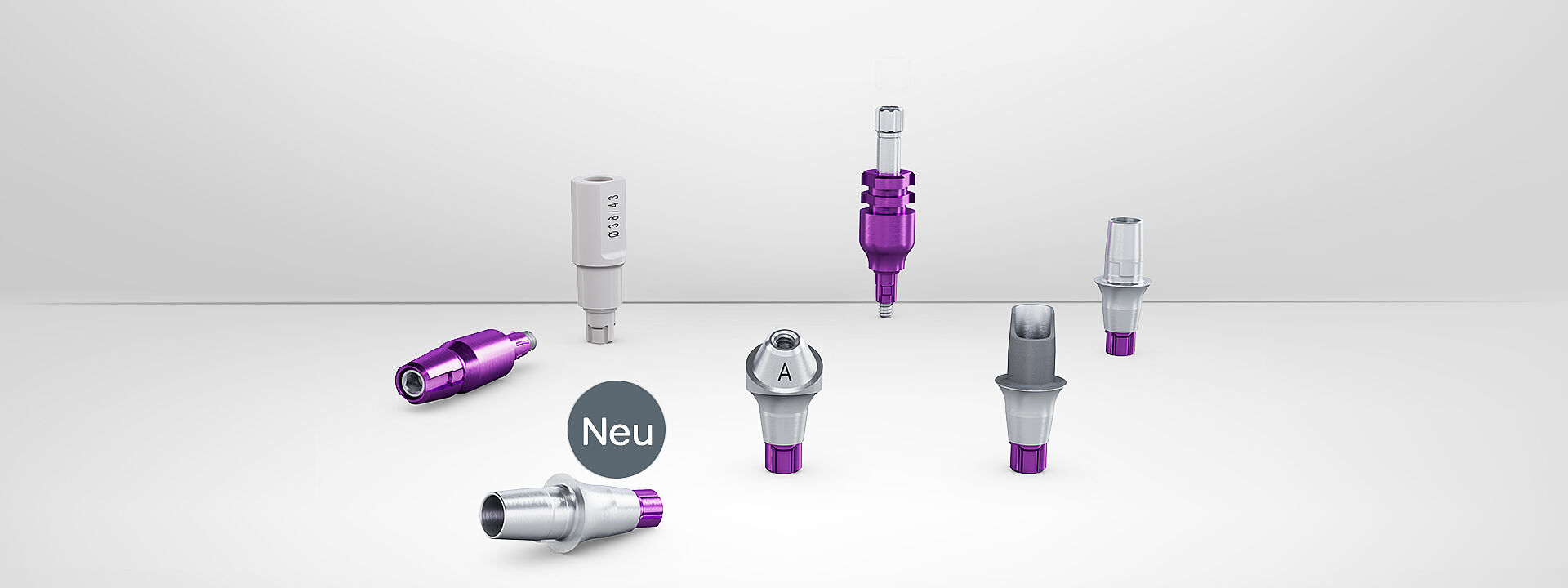 Das Banner zeigt Prothetikkomponenten des CONELOG Implantats. Neu: Titanbasen CAD/CAM mit zusätzlichen Gingivahöhen von 3.0 und 4.0 mm, integriertes Platform Switching.