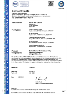 Certificate Camlog ALTATEC EG G1S